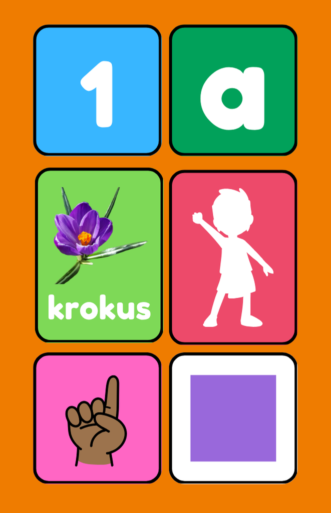 Voorzijde van een Zes in beweging kaart met zes vakjes: het getal 1, de letter a, een krokus, een beweging, een vingerbeeld en een vorm